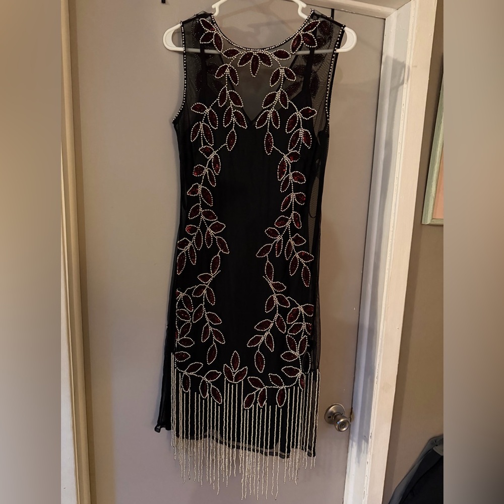 Roman Black and Red Leaf Embellished Midi Dress